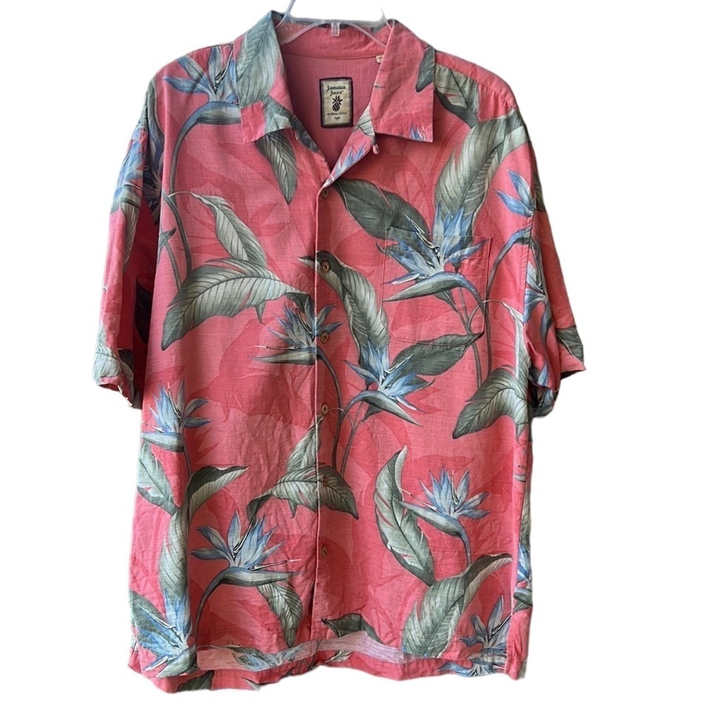 Jamaica Jaxx Hawaiian 100% Silk Novelty Print ButtonDown Shirt. XL Coral/green